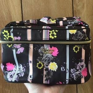 Victoria's Secret Black and Pink Cosmetic Bag with Floral Design